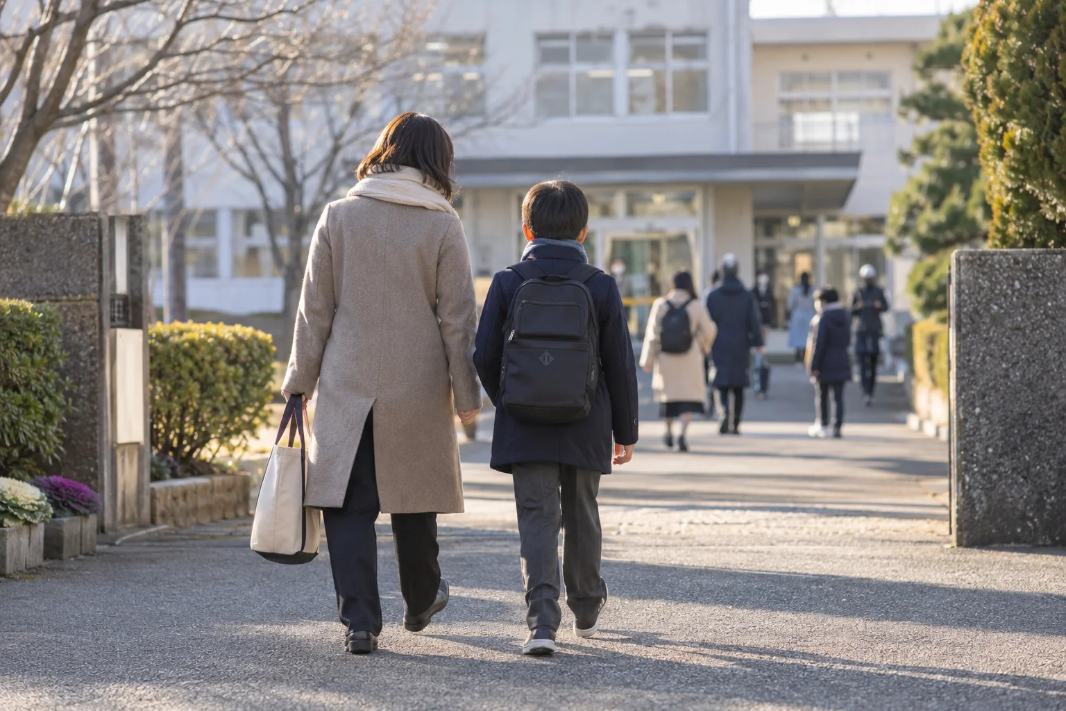 冬の朝に受験会場へ向かう親子の後ろ姿