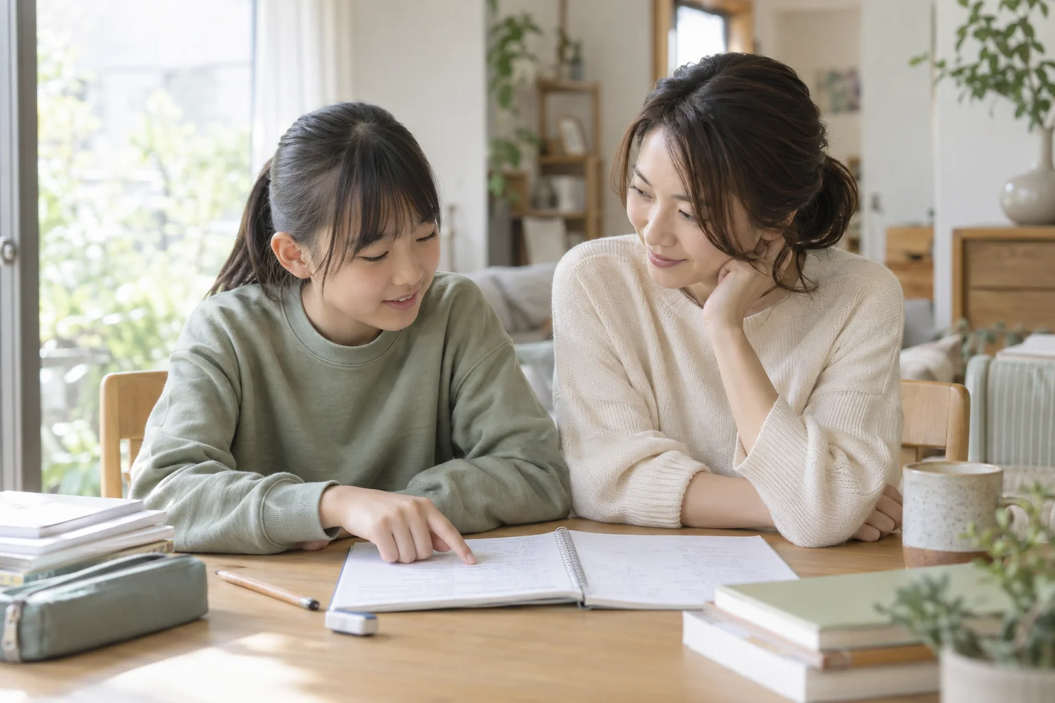 受験プランについてノートを見ながら相談する親子
