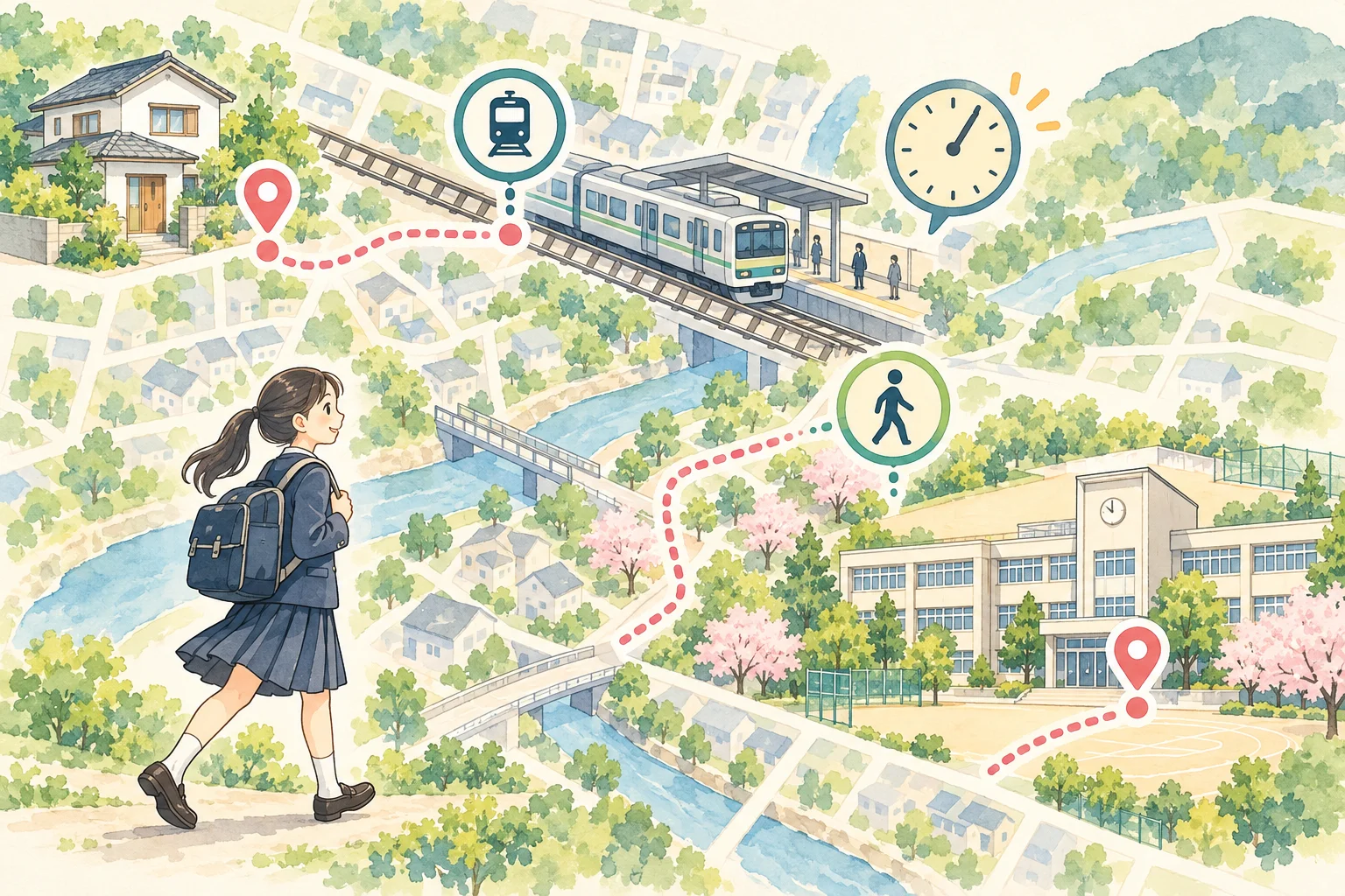 家から学校まで電車と徒歩で通うルートと所要時間を表したイラスト