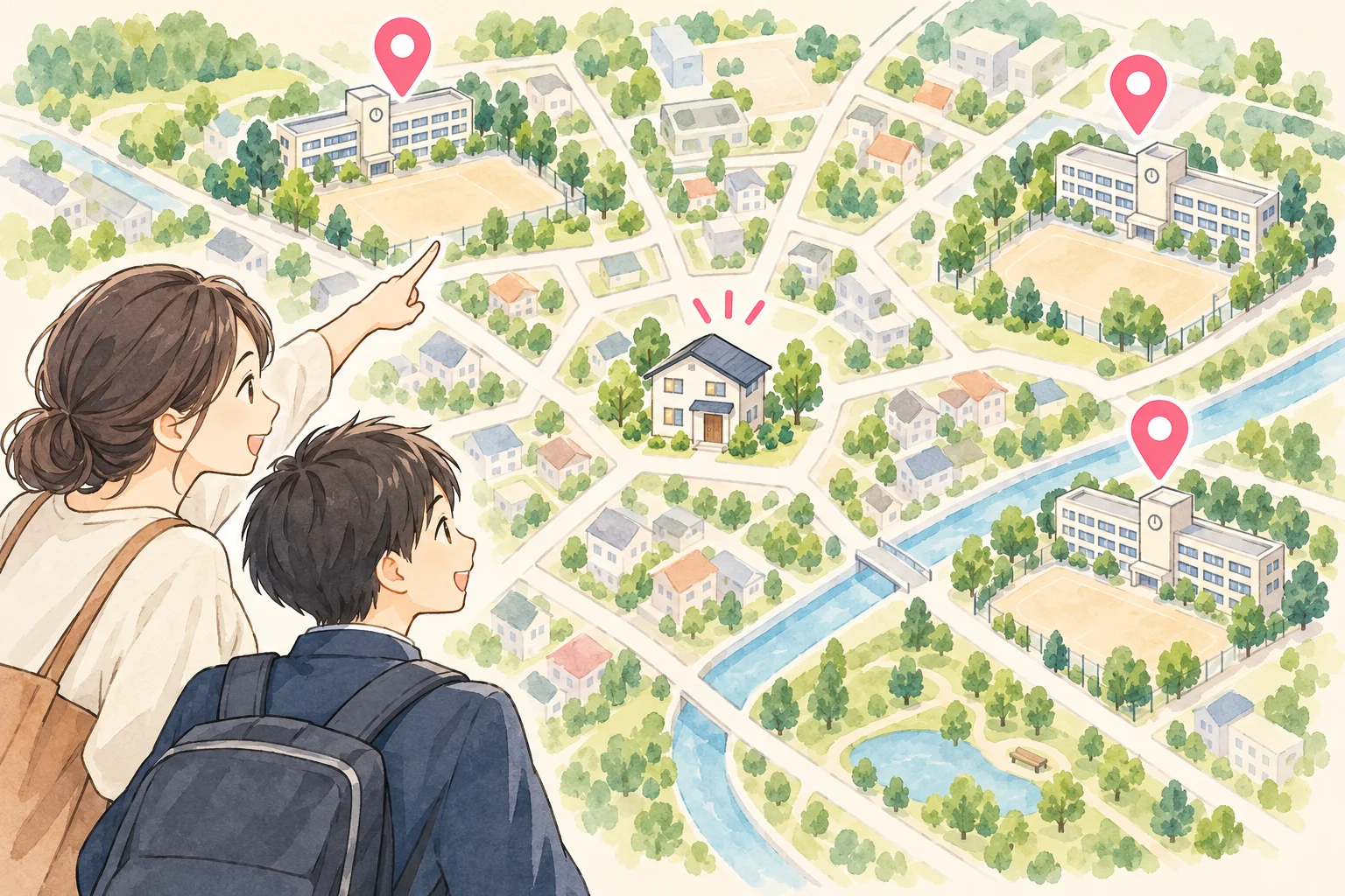 自宅を中心に、近くの学校を親子で見つけるイラスト