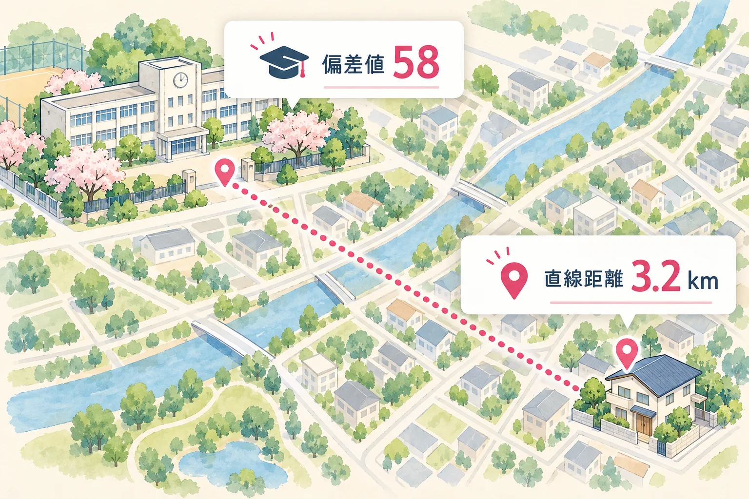 学校の偏差値と自宅からの直線距離を一緒に確認するイラスト。数値はイメージです