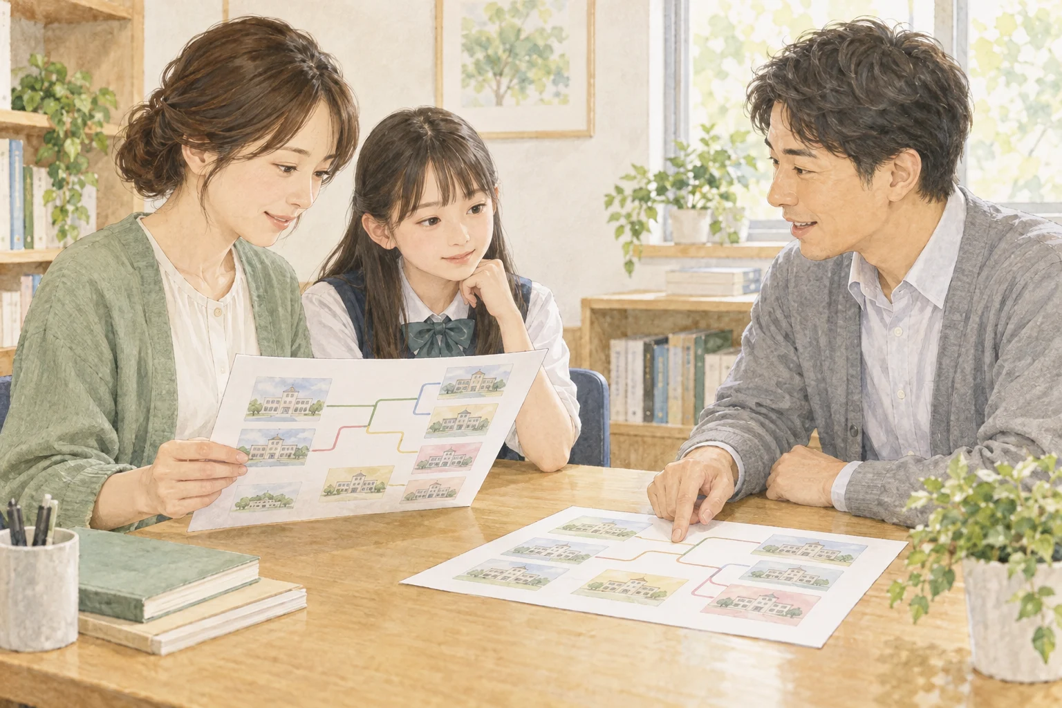 印刷した受験プランを広げ、親子で塾の先生と併願の選択肢を相談するイメージ