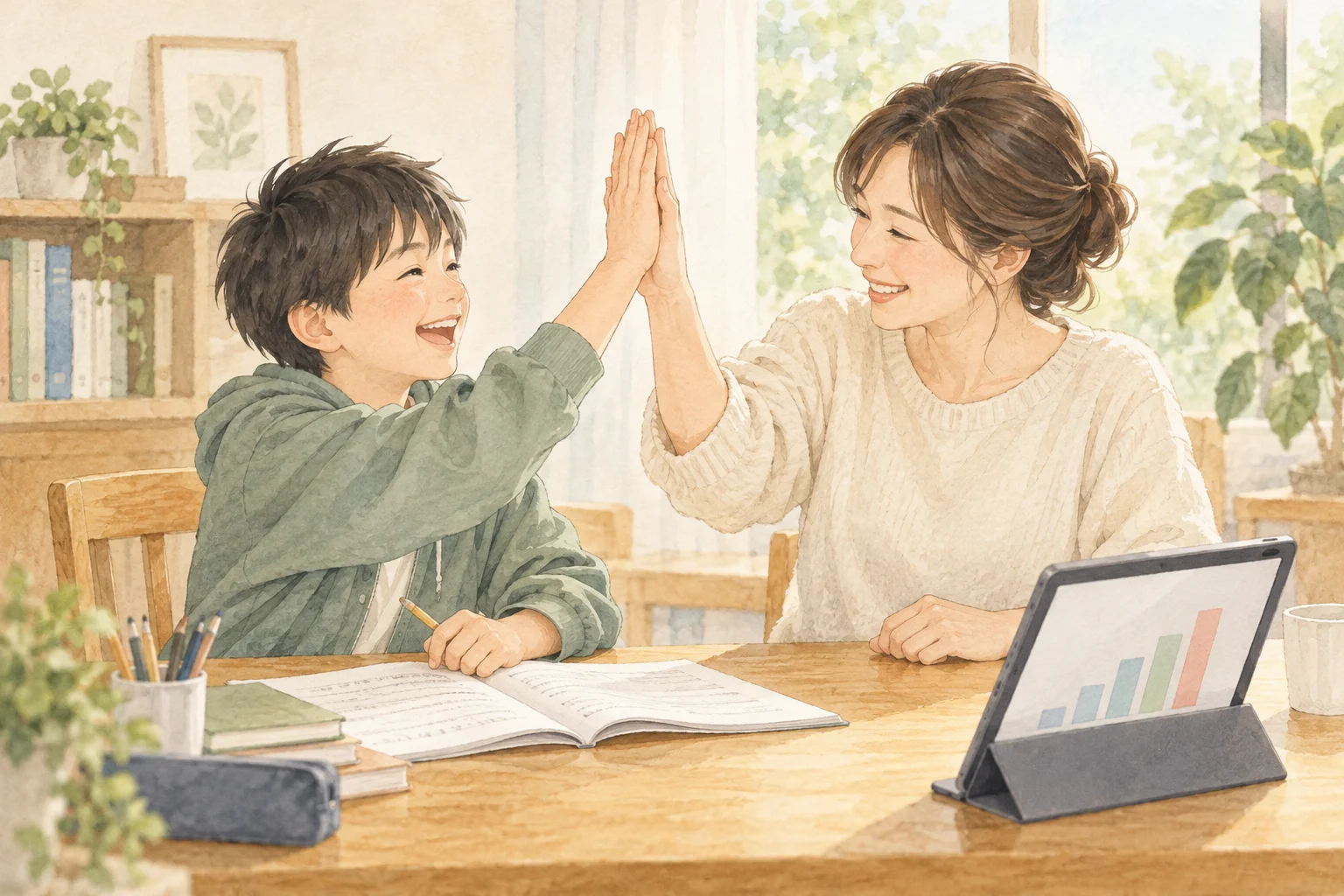 過去問の取り組みを振り返り、笑顔でハイタッチする親子のイメージ