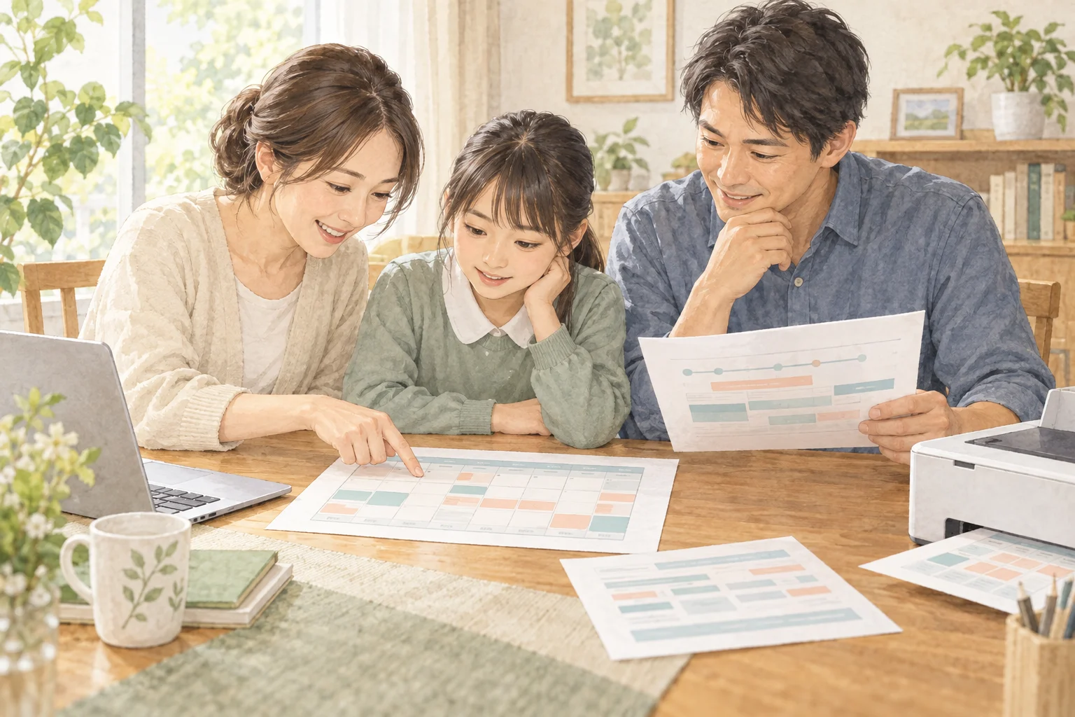 印刷した受験日程表をテーブルに広げ、親子で予定を確認するイメージ